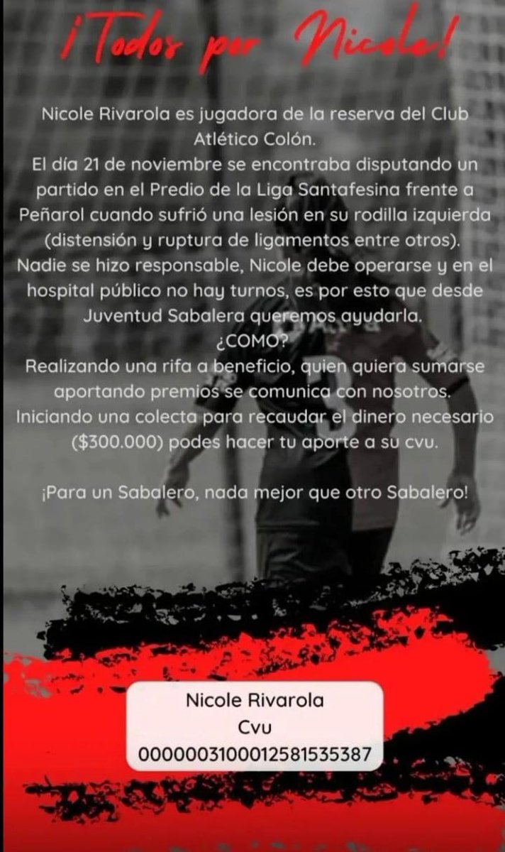 JuvSabalera's tweet photo. ¡UNA SABALERA NOS NECESITA!
Nicole sufrió una lesión jugando un partido defendiendo nuestros colores, hoy necesita que la ayudemos a conseguir $300.000 para su operación.
Si no podés colaborar con el dinero, ayudanos con un RT ❤️🖤 https://t.co/WTrSnHoDXW