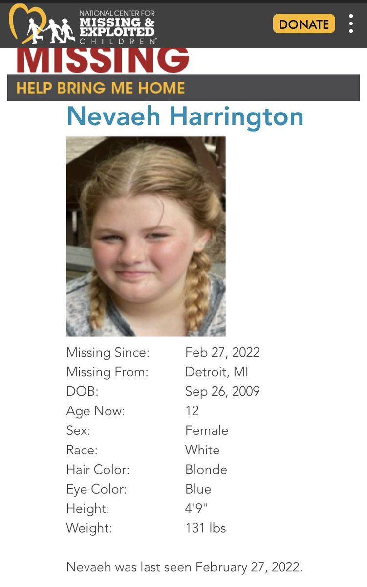Nevaeh Harrington is still missing. 
She is only 12 years old. 
Did not return from school weeks ago. 

She needs to be found. 
It’s a dangerous world for a child. 
Detroit, MI 
#missing #MissingChild