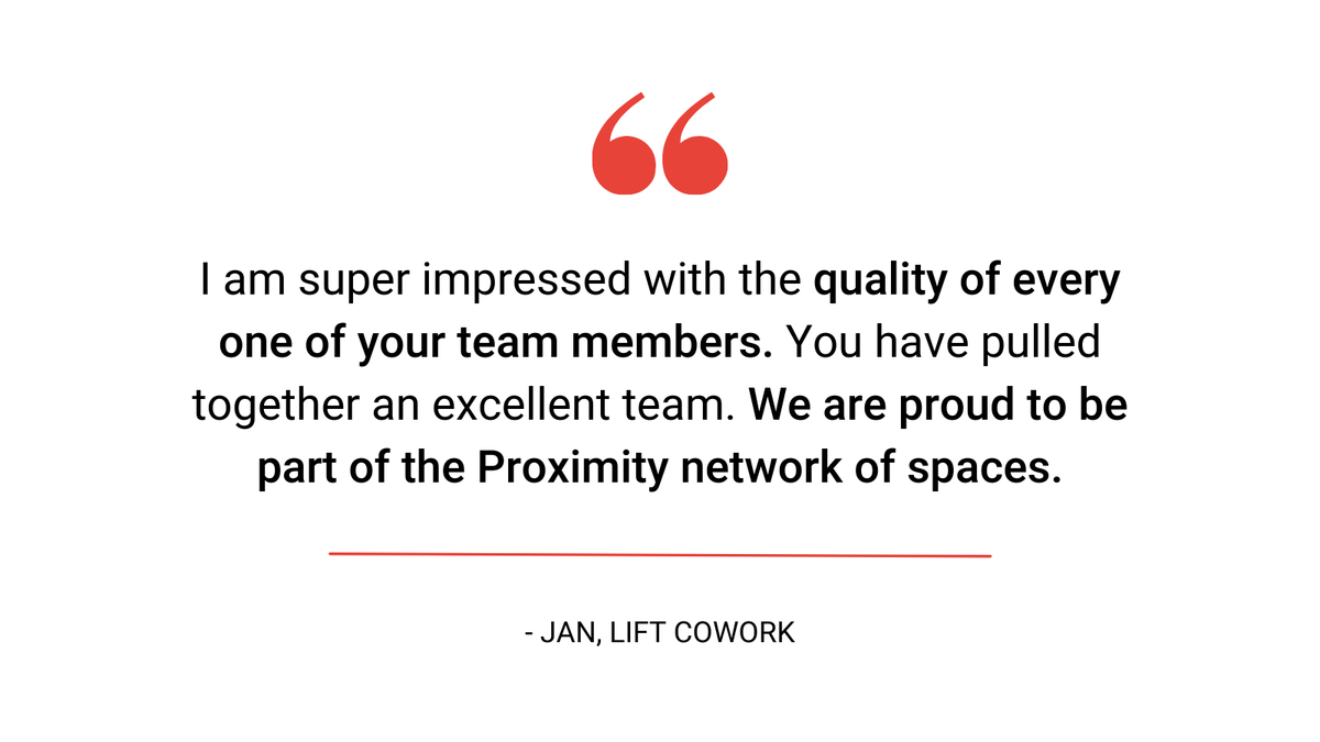 ProximitySpace's tweet photo. Thank you, Jan, for the kind words! We appreciate you! π #PROXrocks
#customerservice #happycustomer #happycustomers #testimonial #futureofwork #beinproximity https://t.co/YTXLtRqSTX