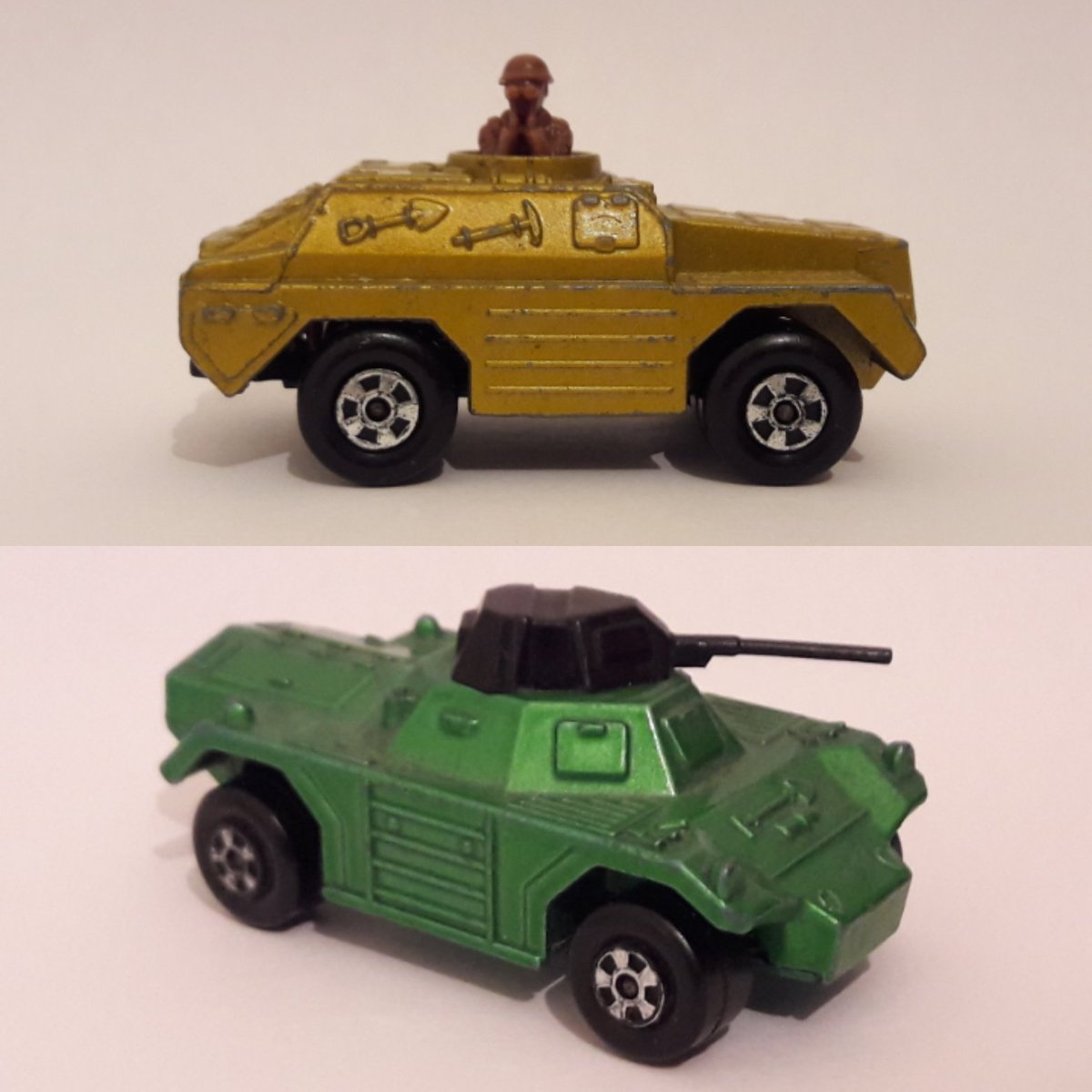 #Lesney #Matchbox Superfast MB28 Stoat (1973-78) &amp; MB73 Weasel (73-79 with occasional releases up to 1996!) from the "Rolamatics" line. A pin on the rear wheel drives a cog which rotates the Stoat driver &amp; moves the Weasel turret from side to side as the toy is rolled.