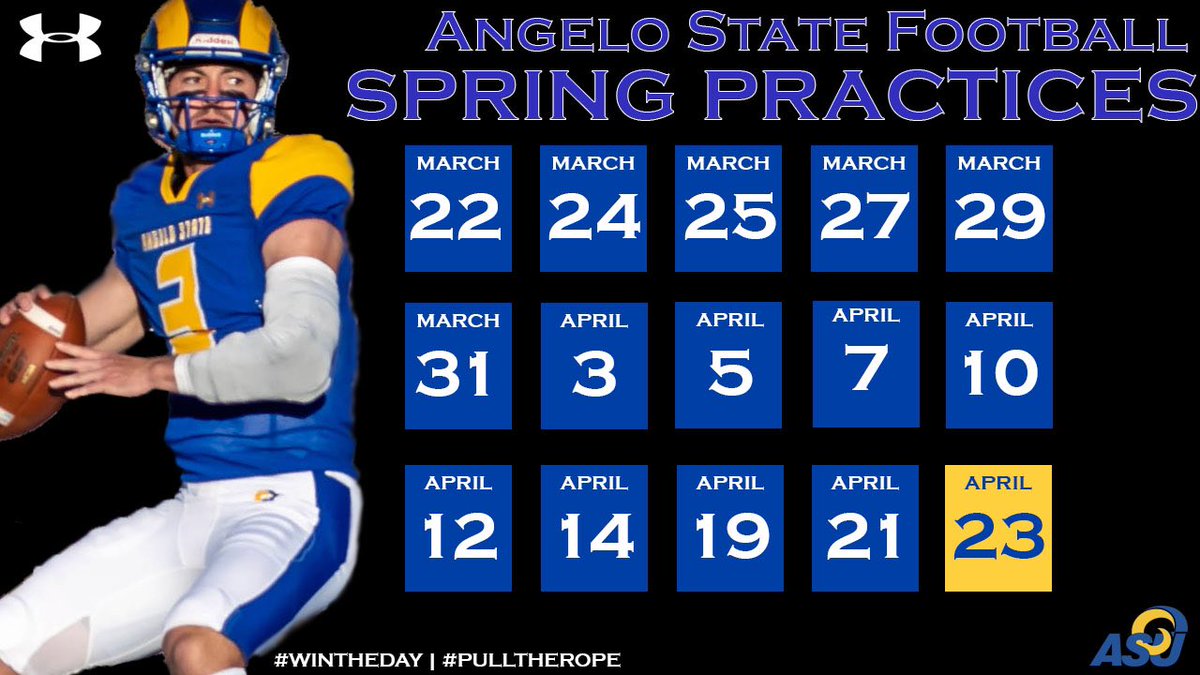 AngeloStateFB's tweet photo. 🚨SPRING FOOTBALL DATES🚨 

Excited to get back work soon‼️

#WinTheDay #PullTheRope https://t.co/91t5YYK7xW