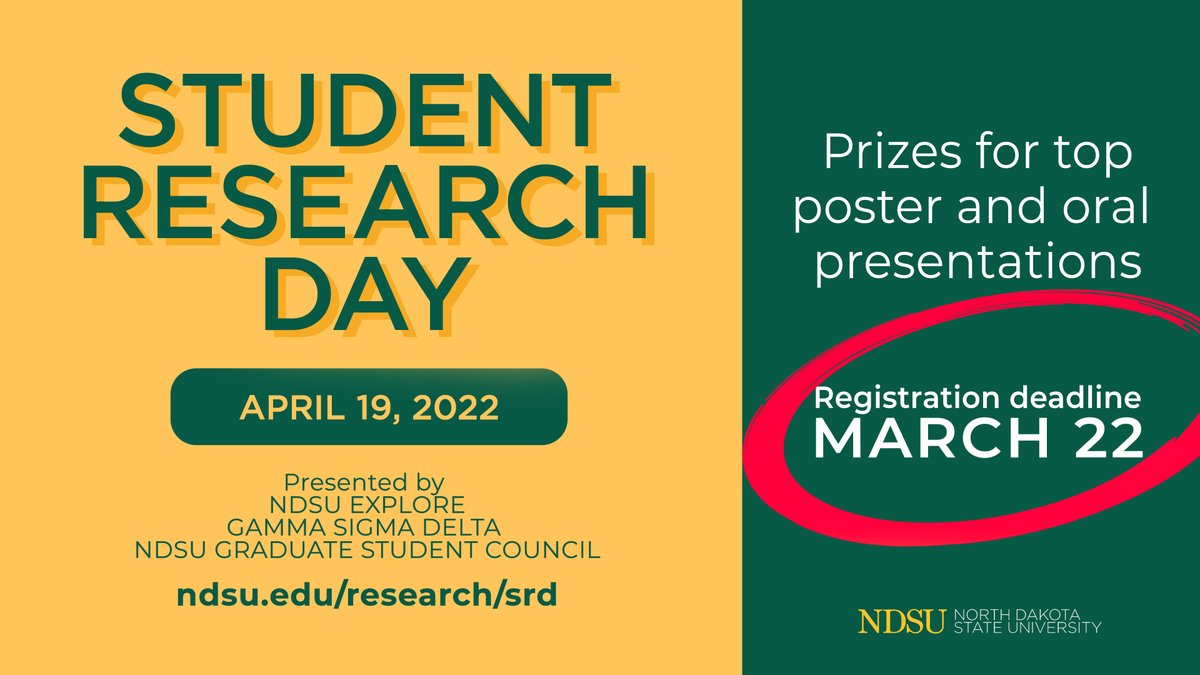 NDSU Graduate and undergrad researchers -- sign up by March 22 for NDSU Student Research Day. SRD is a collaboration of <a href="/NDSU/">North Dakota State University</a> EXPLORE, NDSU <a href="/GammaSigmaDelta/">Gamma Sigma Delta - The Honor Society of Ag</a>, and <a href="/GSC_NDSU/">NDSU Graduate Student Council</a>. buff.ly/3uniAbj