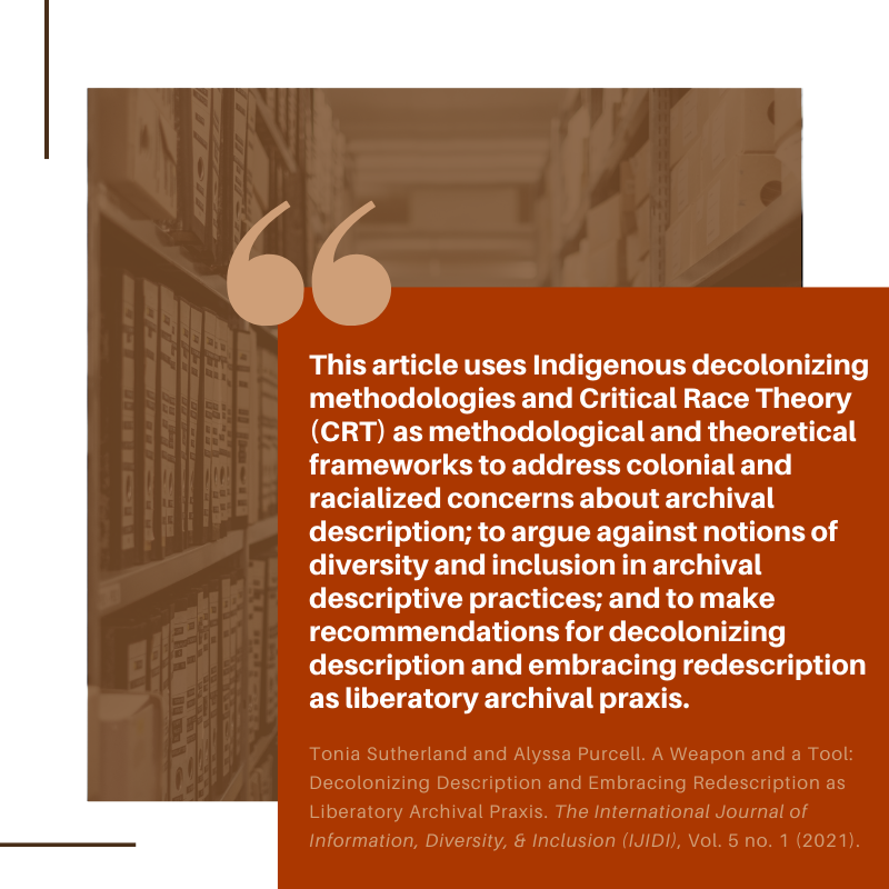 IJIDI1's tweet photo. Explore Tonia Sutherland and Alyssa Purcell's "A Weapon and a Tool: #Decolonizing Description and Embracing Redescription as Liberatory Archival Praxis" https://t.co/KttrppIA7u
#ArchivalRedescription #DecolonizingMethodologies #Diversity #Inclusion #LiberatoryArchives https://t.co/GcXHDMEk9q