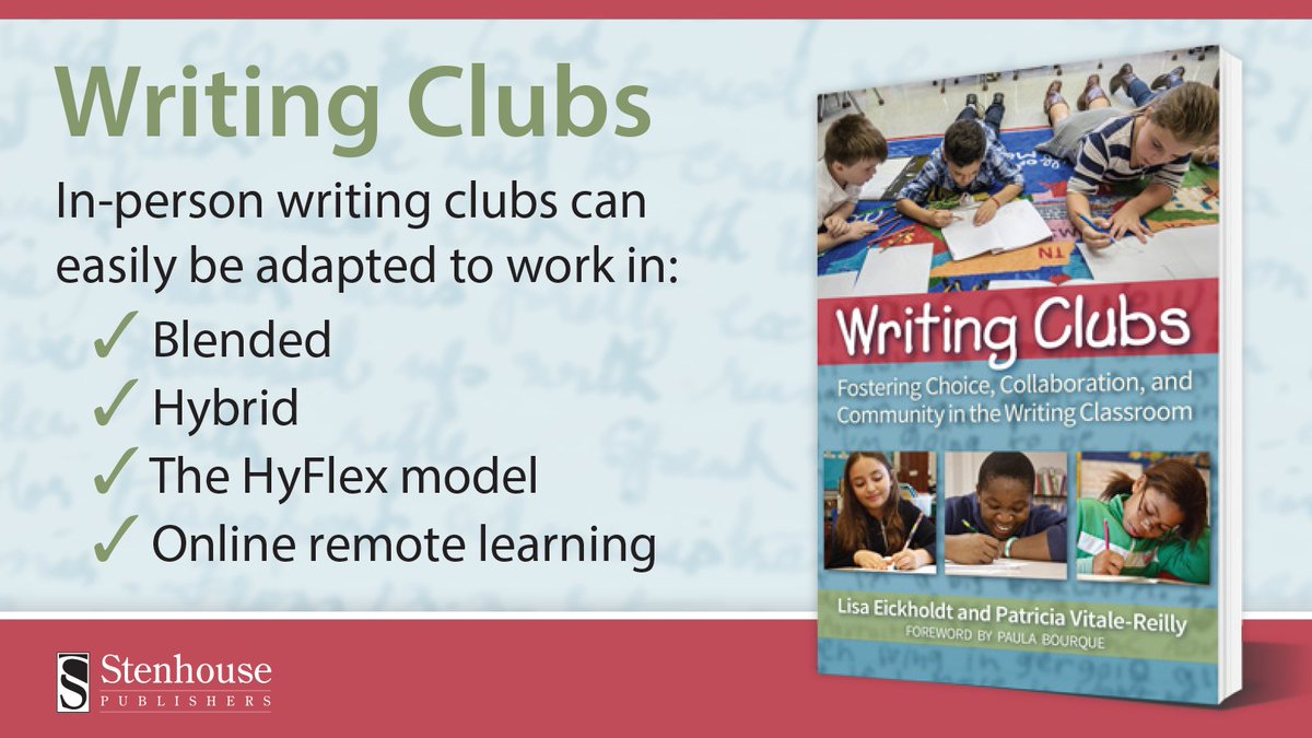 stenhousepub's tweet photo. What happens if you need to pivot your in-person writing club? @LisaEickholdt and @PattyvReilly provide detailed guidance on how writing clubs can be easily adapted to online learning models. #StenhousePubs #WritingClubs
https://t.co/KrQWF4raZo https://t.co/mhPpJnSm51