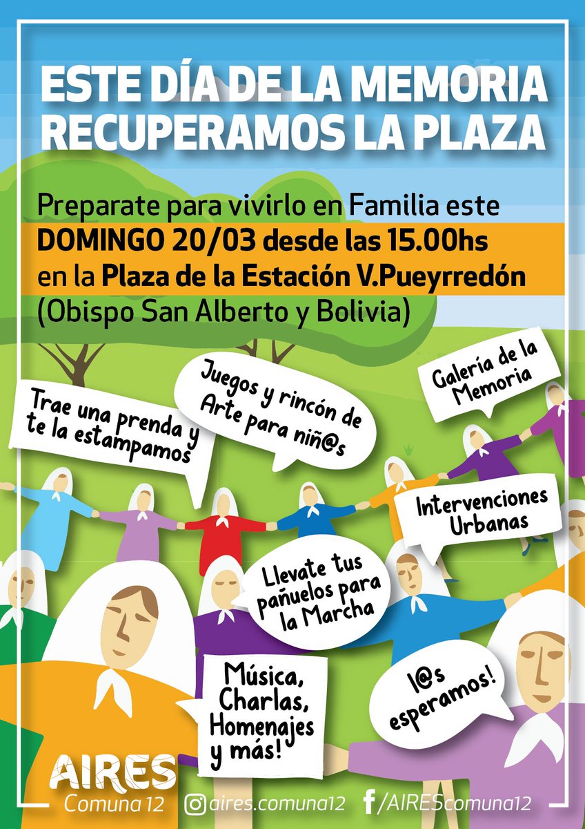 AiresComuna12's tweet photo. #24deMarzo #DiaDeLaMemoria #DDHH #MemoriaVerdadJusticia #SemanaDeLaMemoria #PlazaDeMayo 
Lxs esperamos para palpitar un nuevo Día de la Memoria en Familia https://t.co/sSGnL141mQ