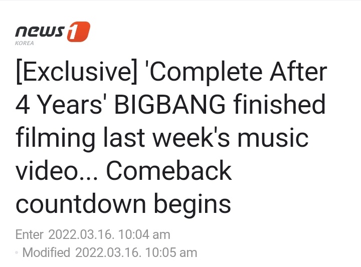 MChartBIGBANG's tweet photo. • BIGBANG finished filming last week's music video... Comeback countdown begins!!!

"As a result of the news 1 coverage on the 16th, last week BIGBANG finished filming the music video for a new song to be released after 4 years"

#BIGBANGISBACK @YG_GlobalVIP https://t.co/EJ5WcOUyKt