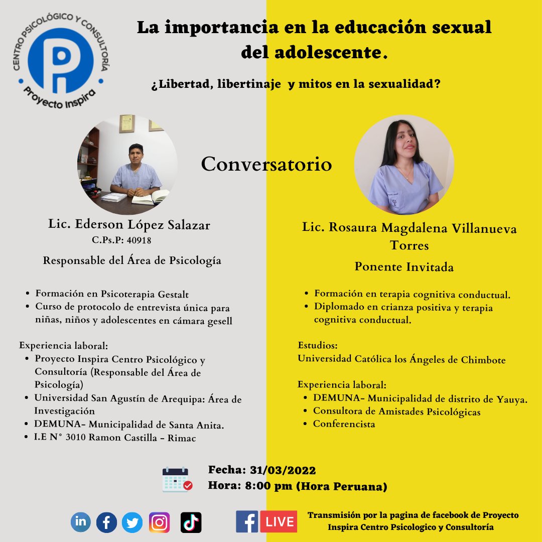 Proyect_Inspira's tweet photo. El conversatorio será trasmitido por pagina de Facebook y están cordialmente invitados.  
#Sexualidad #adolescentes 
https://t.co/JX2mGnZCPO https://t.co/j6rX2ujjp8