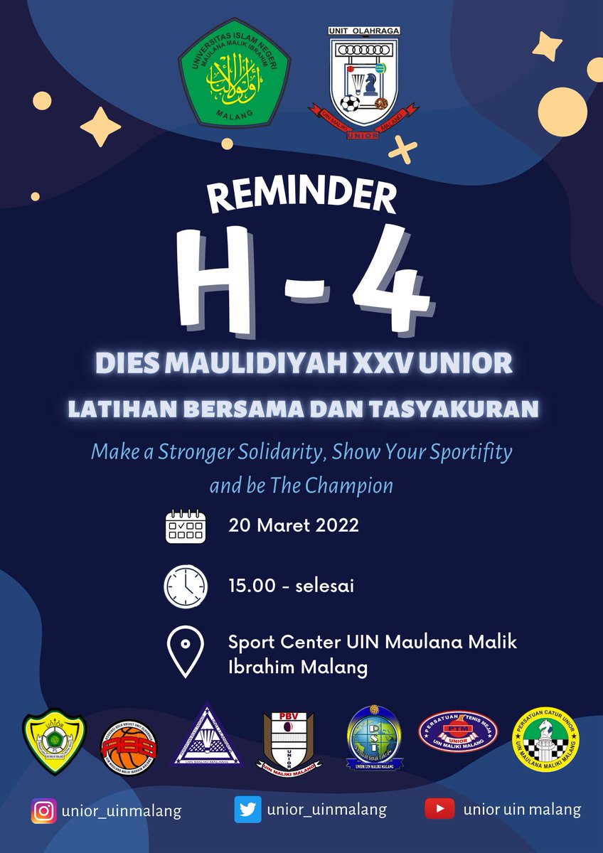 DIES MAULIDIYAH XXV
UNIOR UIN MALANG 
H-4 
PERSIAPKAN DIRI KALIAN UNTUK MERIAHKAN ACARA DIES INI

#unioruinmalang #uinmalang
#ukmunior
#kobarkansemangatjuanguntukmenang