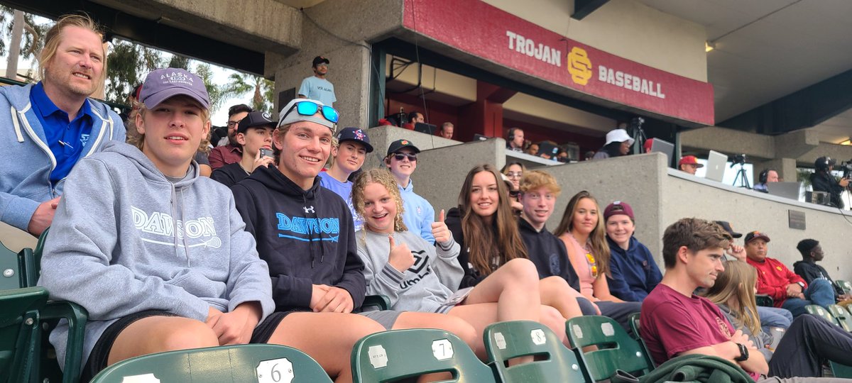 MsHandTeacher's tweet photo. And after a packed day with two tours, we get to enjoy a @USC_Athletics baseball game! Enjoying some downtime. Go Trojans! #LAWint22 @Dawson_School https://t.co/BfHH7FJl1U
