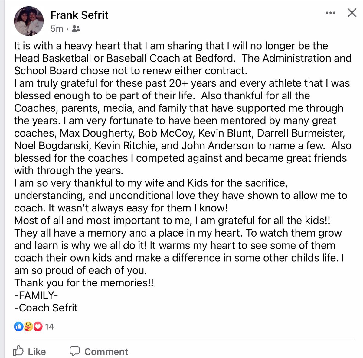 TrevMaeder96's tweet photo. Long-time Bedford baseball/boys basketball coach Frank Sefrit has stepped down from his roles. A huge loss for the young men at Bedford. Coach Sefrit is a class act dude that always treated us at KMA with the utmost respect and grace. #kmasports #iahsbb #iahsbkb https://t.co/AqfhS2jIDb