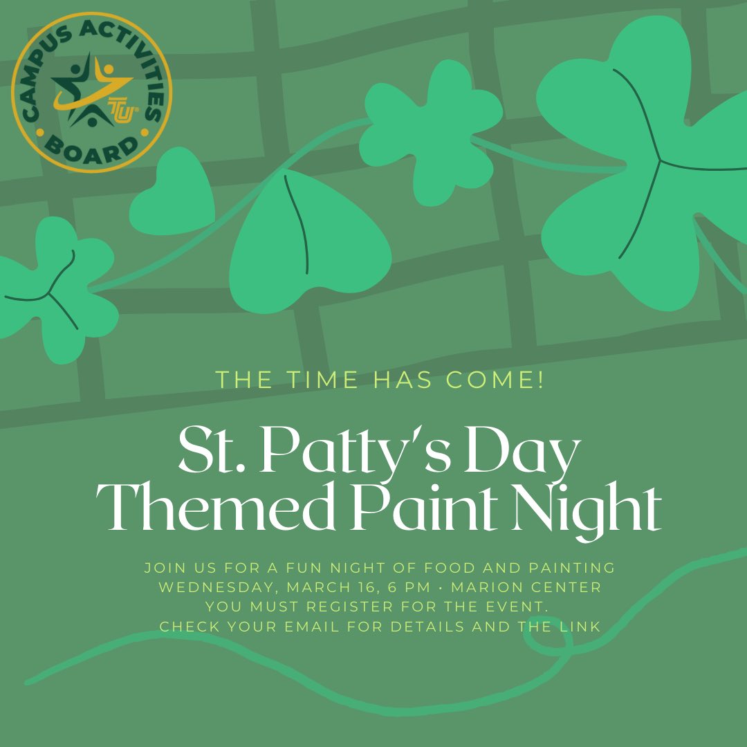 Hey everyone! Tomorrow we will be hosting a special St. Patrick’s Day themed paint night. There will be free food and drinks, and we will be supplying  the paint as well. Hope to see you there!