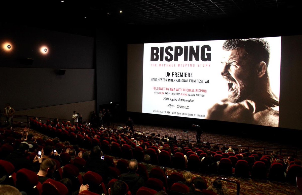 AdamScoreG's tweet photo. Spectacular UK premiere of Bisping 
👊
Completely sold out theatre 
👊👊
Not one, but TWO standing ovations 👊👊💪

@bisping @BispingDoc @maniffofficial 
#CreativeHustler #ScoreGProductions
#BispingDoc https://t.co/QAqzMEwSLS