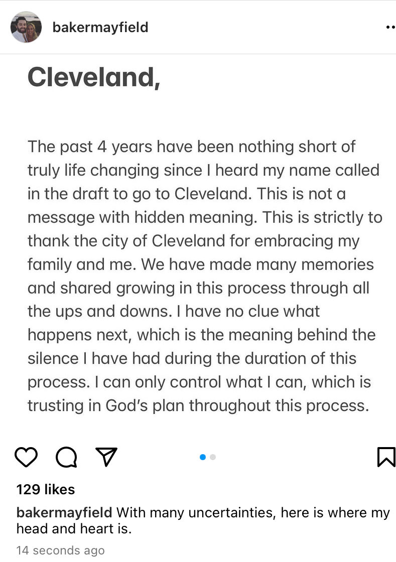 Jake_Trotter's tweet photo. Baker Mayfield posted the following on his IG, addressed to Cleveland: https://t.co/KRoInboABu