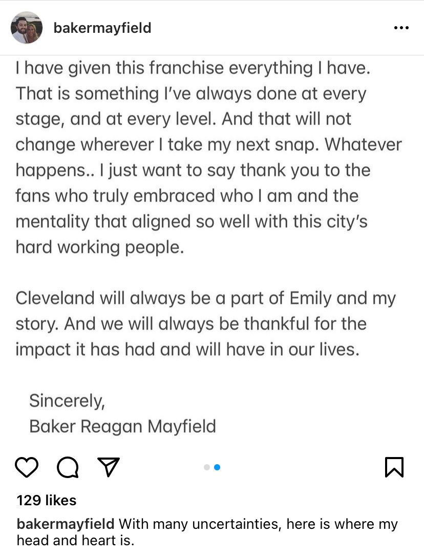 Jake_Trotter's tweet photo. Baker Mayfield posted the following on his IG, addressed to Cleveland: https://t.co/KRoInboABu