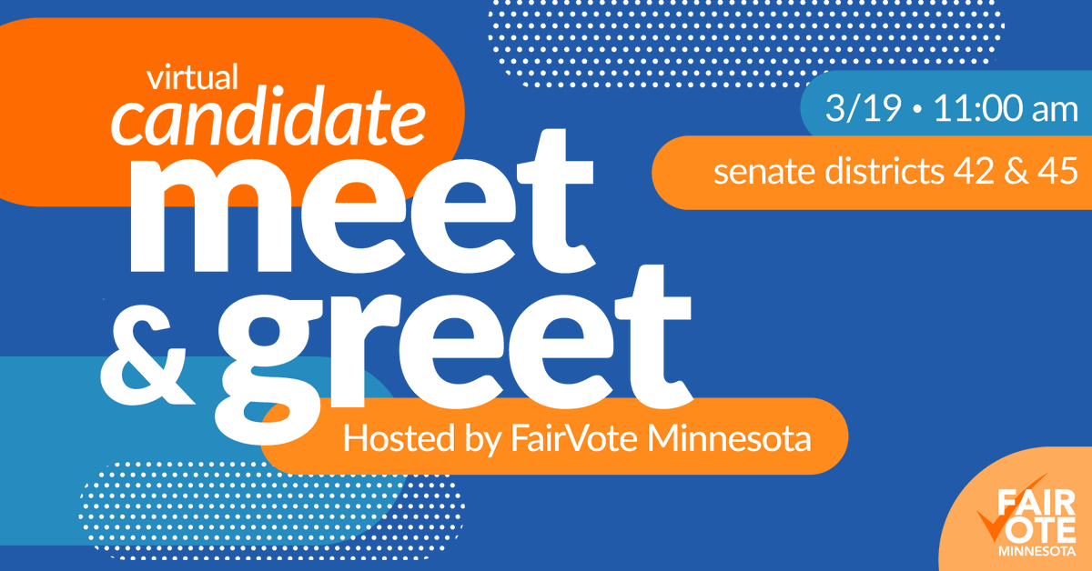 FairVoteMN's tweet photo. We’re so excited to host candidates from senate districts 42 &amp; 45 to hear about their positions on #RankedChoiceVoting, democracy reform and other critical issues ahead of endorsing conventions!

➡️Register at https://t.co/MgnzQ0C8rf to participate by Zoom. https://t.co/JvWObhmBBD