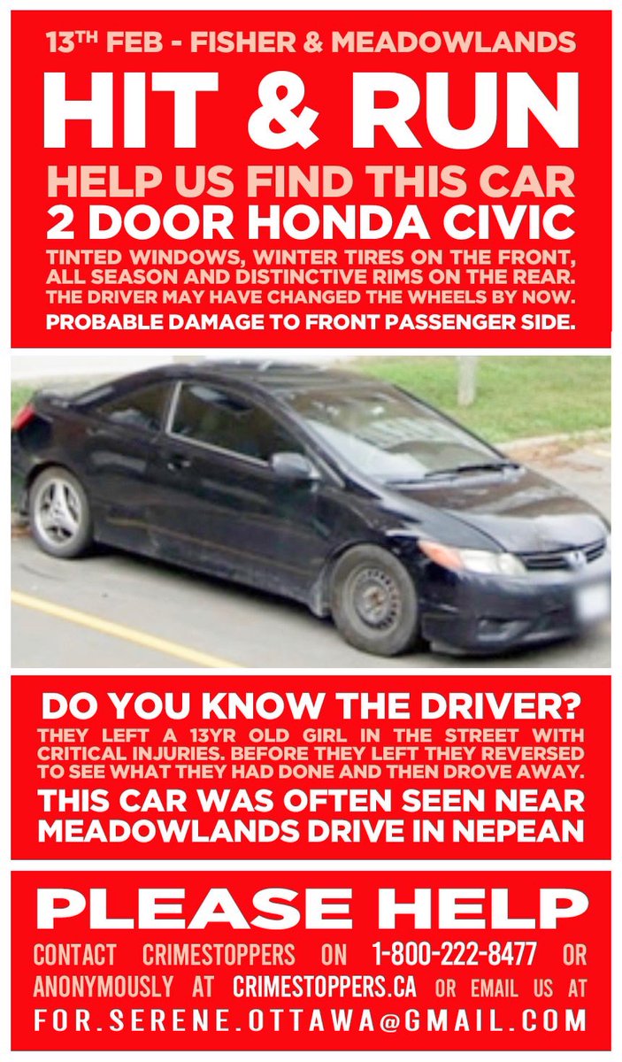 Please help find justice #ForSerene and PLEASE contact <a href="/CrimeStoppersOT/">CrimeStoppersOttawa</a> if you know ANYTHING about the driver who hit Serene &amp; left both girls in the road alone.

#Ottawa