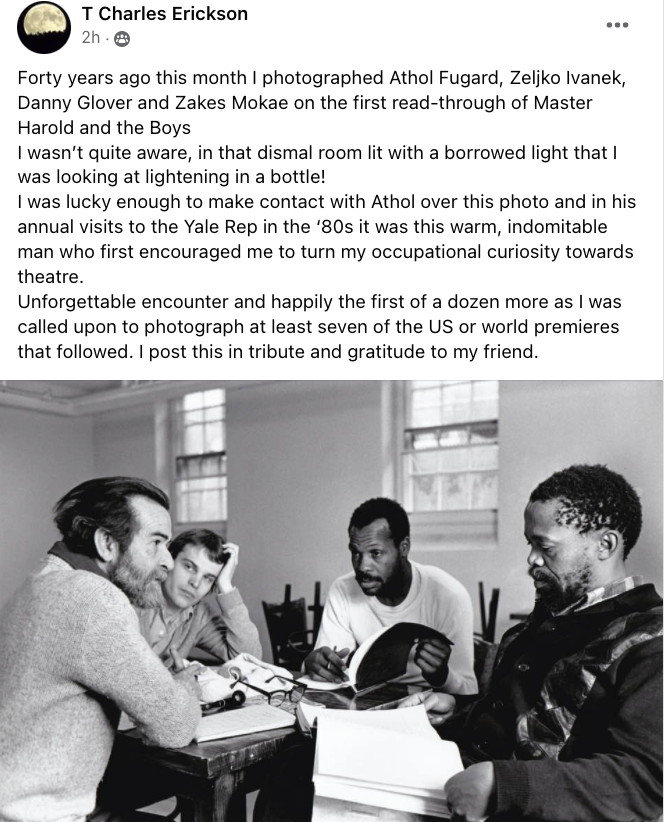 .<a href="/mrdannyglover/">Danny Glover</a>, saw this post by the production photographer when I was a Yale School of Drama student. Thought you'd appreciate seeing it + his comments about the moment captured 40 years ago. Screenshot attached &amp; big congrats on The Academy's Humanitarian Award!