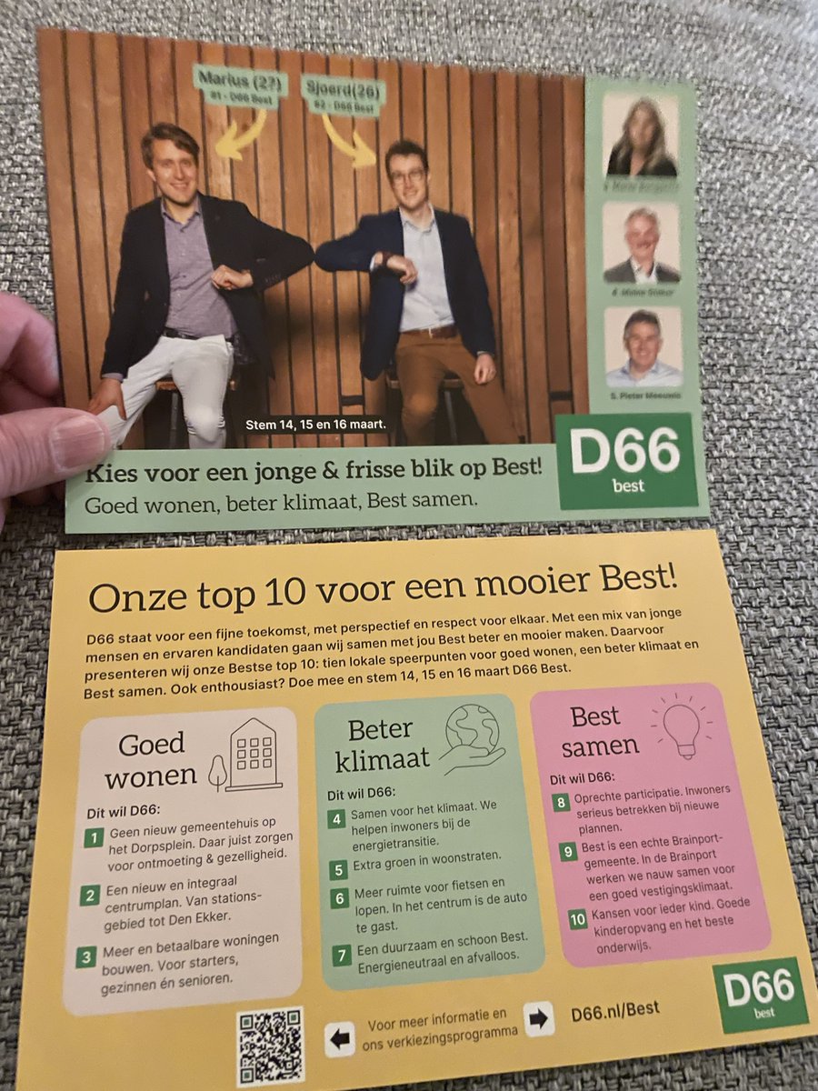 kovandesande's tweet photo. In meer dan 500 brievenbussen deze flyer bezorgd de afgelopen dag en zie nu pas de fout in de tekst. 10 punten voor een mooier Best moet natuurlijk zijn 10 punten voor een NOG mooier Best. @D66best heeft hiervoor uitstekende plannen en  hele goede jonge en frisse kandidaten https://t.co/4b7WpJEqsW