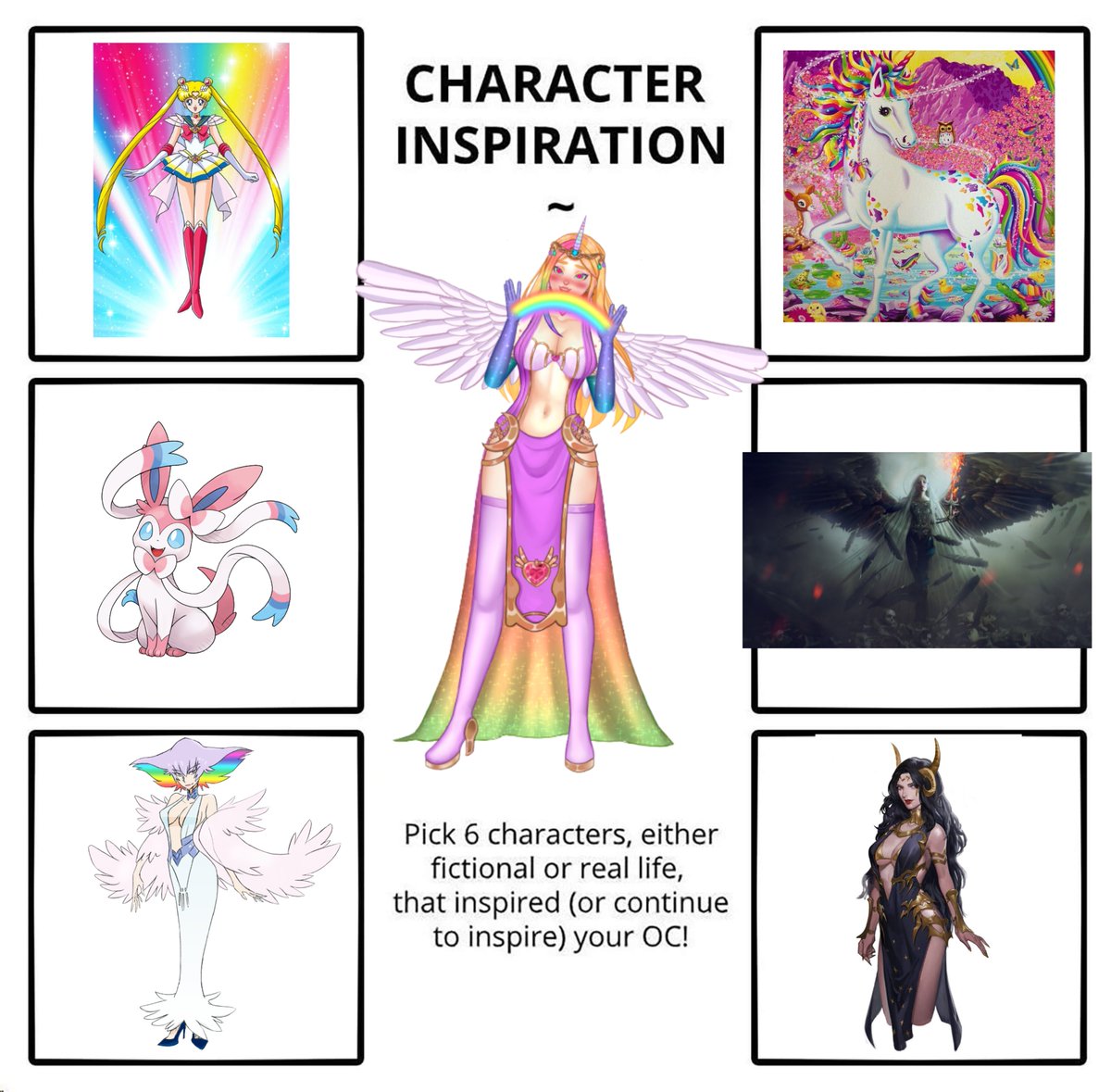 UnicornRaline's tweet photo. I stole this from @DrookuIa ! Let's see what other people have for their inspirations!

Mine are:
1: Sailor Moon
2: Unicorn by Lisa Frank
3: Sylveon
4: Moon Goddess Nyx
5: Ragyo Kiyuriin
6: The dress in the last one
if you're the artist lemme know
#Vtuber #ENVtubers #Inspiration https://t.co/pJ4s5xOLRw