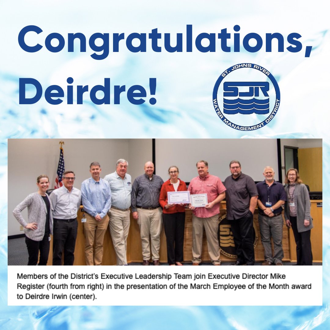 triconicllc's tweet photo. Congratulations to Deirdre Irwin, the March Employee of the Month for @SJRWMD! She is the District’s Water Conservation Coordinator, working in the Bureau of Water Supply Planning in Palatka. Thank you for your dedication &amp; commitment! #water #waterconservation #Florida #shoutout https://t.co/3qYU6UW88k