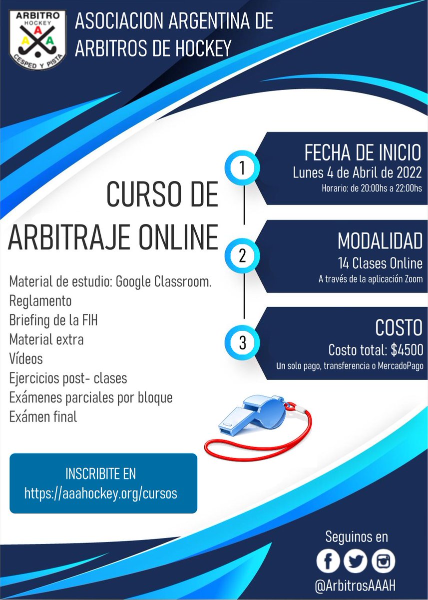 Nuevo curso ONLINE. Comienza el día Lunes 4 de Abril 2022 con cursadas los días lunes (14 clases)  a partir de las 20hs. Inscripción en aaahockey.org/cursos/