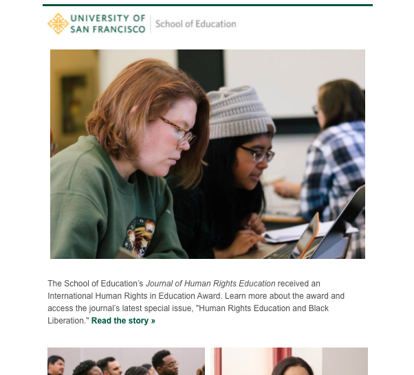 Did you receive the latest issue of the <a href="/USFCA_SOE/">USF School of Education</a> digital newsletter? Check it out today and join me in celebrating our wonderful community! 
Read the newsletter: bit.ly/3i8M1X9