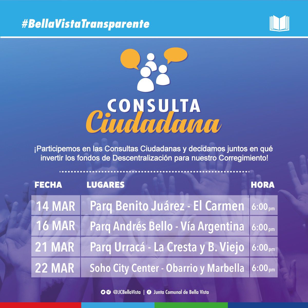 ilicenamalek's tweet photo. Friendly Reminder para los residentes de BELLA VISTA VIEJO y LA CRESTA
Este 21 de marzo en el #ParqueUrraca
Asiste, conoce a tus vecinos, conversa y crea vínculos comunitarios, presenta tus quejas e ideas a la Junta Comunal.
Decidamos JUNTOS qué hacer con el $$$ del barrio. https://t.co/DQLNvN6Moh