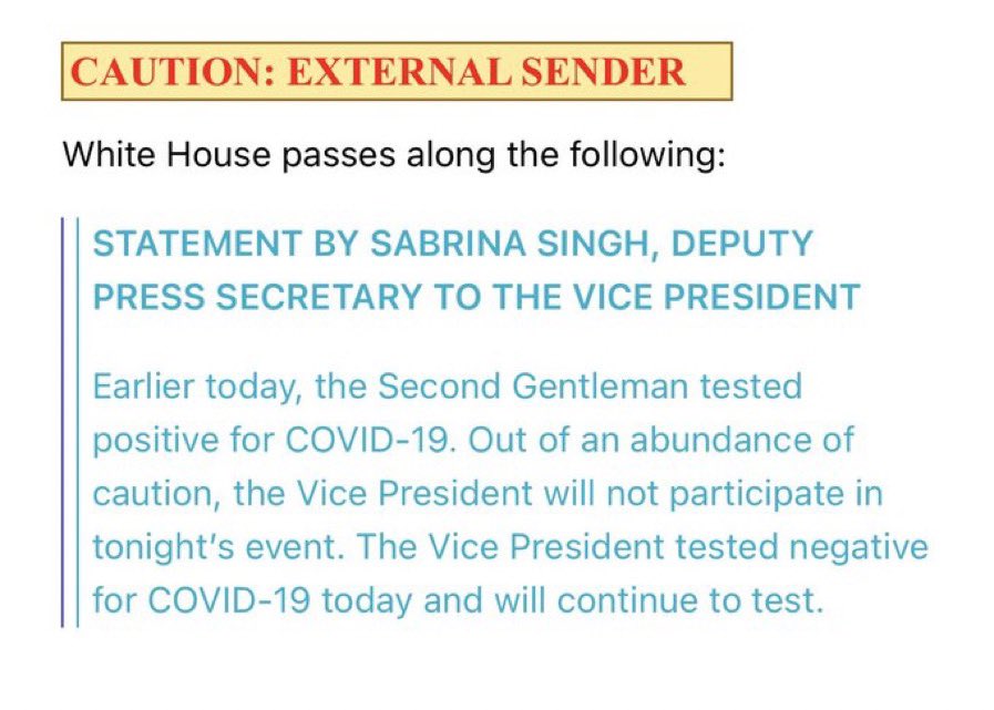 TrendingThisIs's tweet image. BREAKING: The @SecondGentleman has tested positive for Covid-19