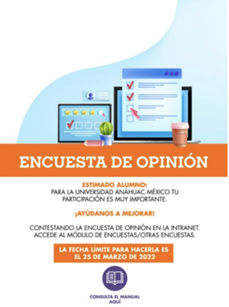IngAnahuacSur's tweet photo. Te informamos que se ha realizado la apertura de la Encuesta de Opinión de Alumnos.

Esta encuesta la opera la SERUA y ellos solicitan el apoyo para lograr una participación significativa.

Por lo mismo te invitamos a entrar a tu cuenta de Intranet para llenar el formulario.
+ https://t.co/N8ypRaAhCM