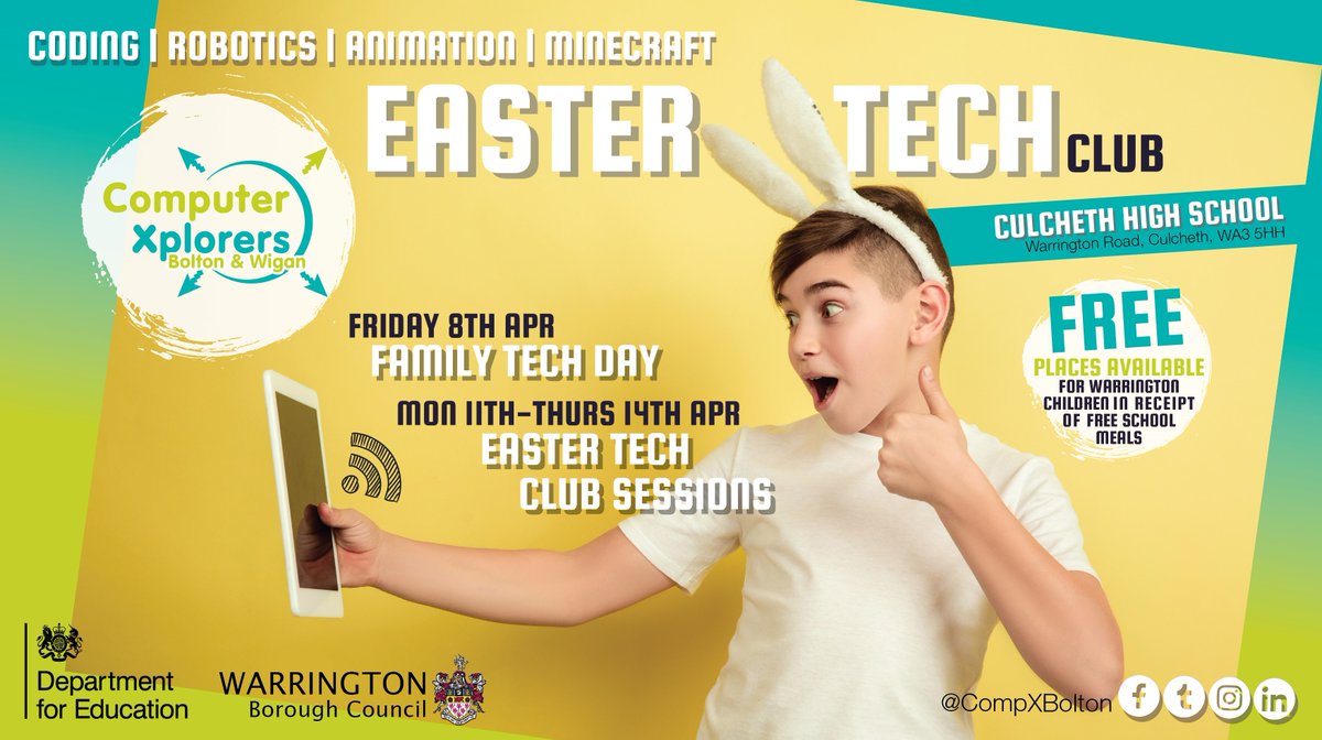 CompXBolton's tweet photo. Bookings now live for #easter in #warrington! 
#schoolholidays #haf2022 #stemfun #computingforkids 
https://t.co/FcOb7fH1wj
@WarringtonBC @educationgovuk https://t.co/JX9NSSevf5