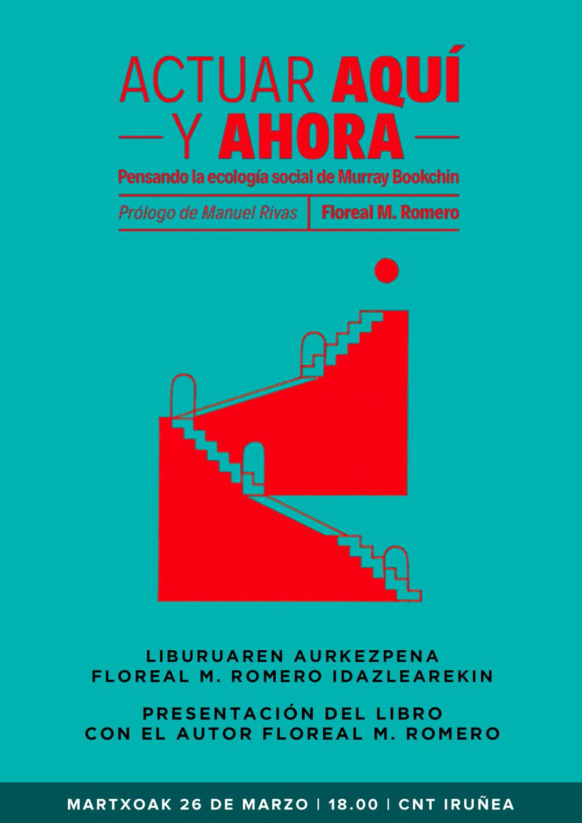 🟢⚫Actuar aquí y ahora” liburuaren aurkezpena
🗓️Martxoak 26, larunbata
🕧18:00etan
📍CNT Iruñea
CNT Iruñan “Actuar aquí y ahora. Pensando la ecología social de Murray Bookchin” liburua aurkeztuko da.
cnt.es/noticias/26-de…