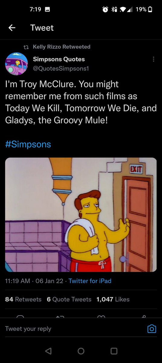 BabyBullRun's tweet photo. @people How can people leave alone when #BobSaget and his wife not only discussed his death on a podcast but she posted this Simpsons quote just a few days before he is found dead.  The character Troy McClure was voiced by Phil Hartman who was shot and killed by his wife 😱😱 https://t.co/htD3NEf0zl