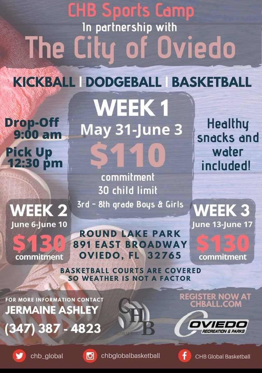 Just announced: CHB Sports Camp from May 31st - June 3rd, at Round Lake Park. Camp is open for 3rd to 8th grade boys and girls, and features kickball, dodgeball, and basketball! Contact 347-387-4823 or chball.com to sign up and for more info!
