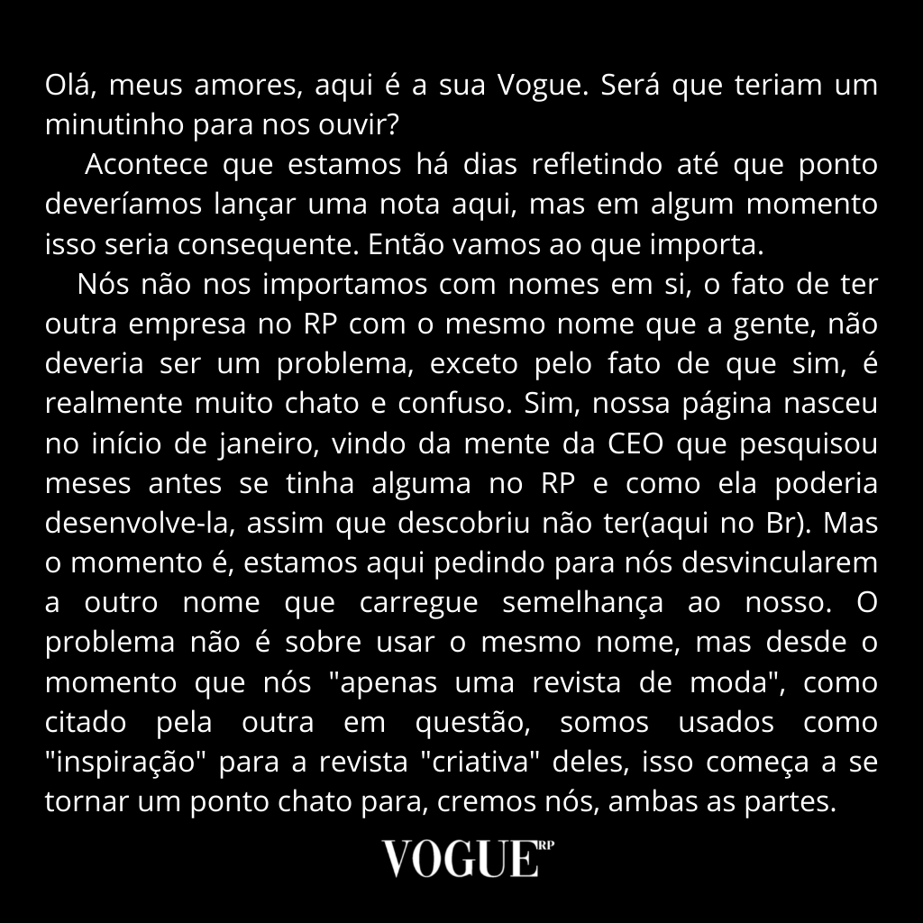 voguebrp_'s tweet photo. ⠀⠀⠀⠀⠀⠀
           ⠀⠀⠀⠀⠀          ⠀  𝐕𝐎𝐆𝐔𝐄ʳᵖ

   Boa noite, como vão? Aqui é a Vogue, queremos falar um segundo com vocês. https://t.co/iNcERxEHus