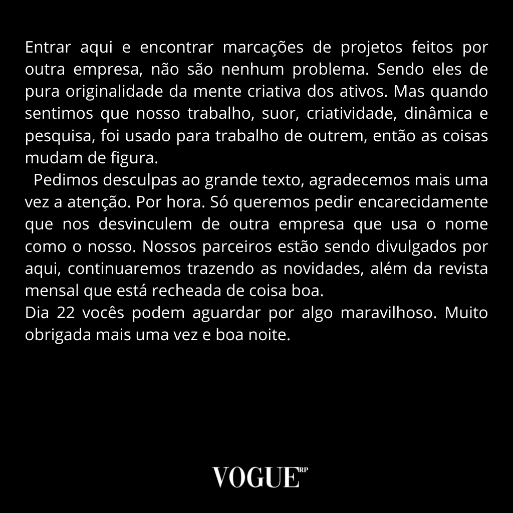 ⠀⠀⠀⠀⠀⠀
           ⠀⠀⠀⠀⠀          ⠀  𝐕𝐎𝐆𝐔𝐄ʳᵖ

   Boa noite, como vão? Aqui é a Vogue, queremos falar um segundo com vocês.