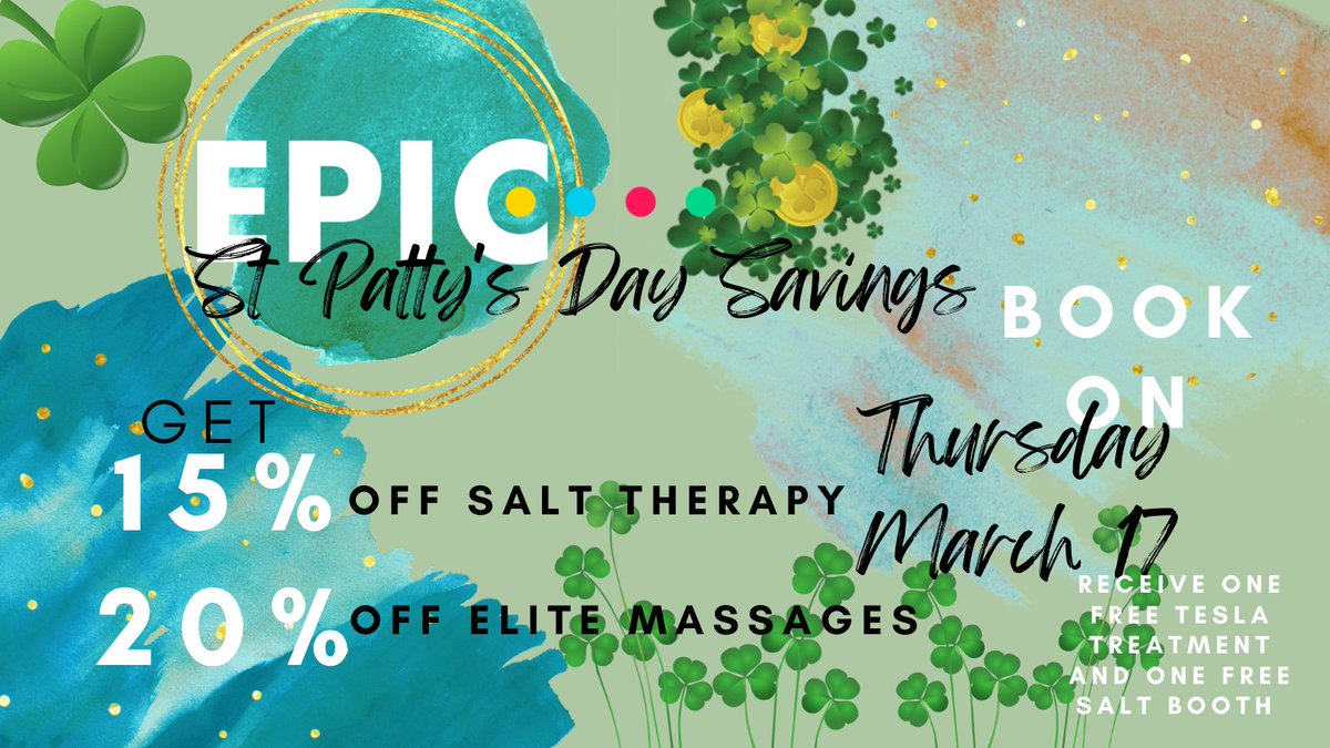 EPICServicesCo's tweet photo. 🍀 Today's your lucky day! 🍀 We have St Patty's Day Savings ALL WEEK! Get 15% off #SaltTherapy and 20% off #EliteMassage when you book now til March 20. Book on #StPatricksDay &amp; receive one free #TeslaTreatment + #SaltBooth appointment!
Book before this pot of gold dries up! 🪙 https://t.co/AeQNcDQqcM