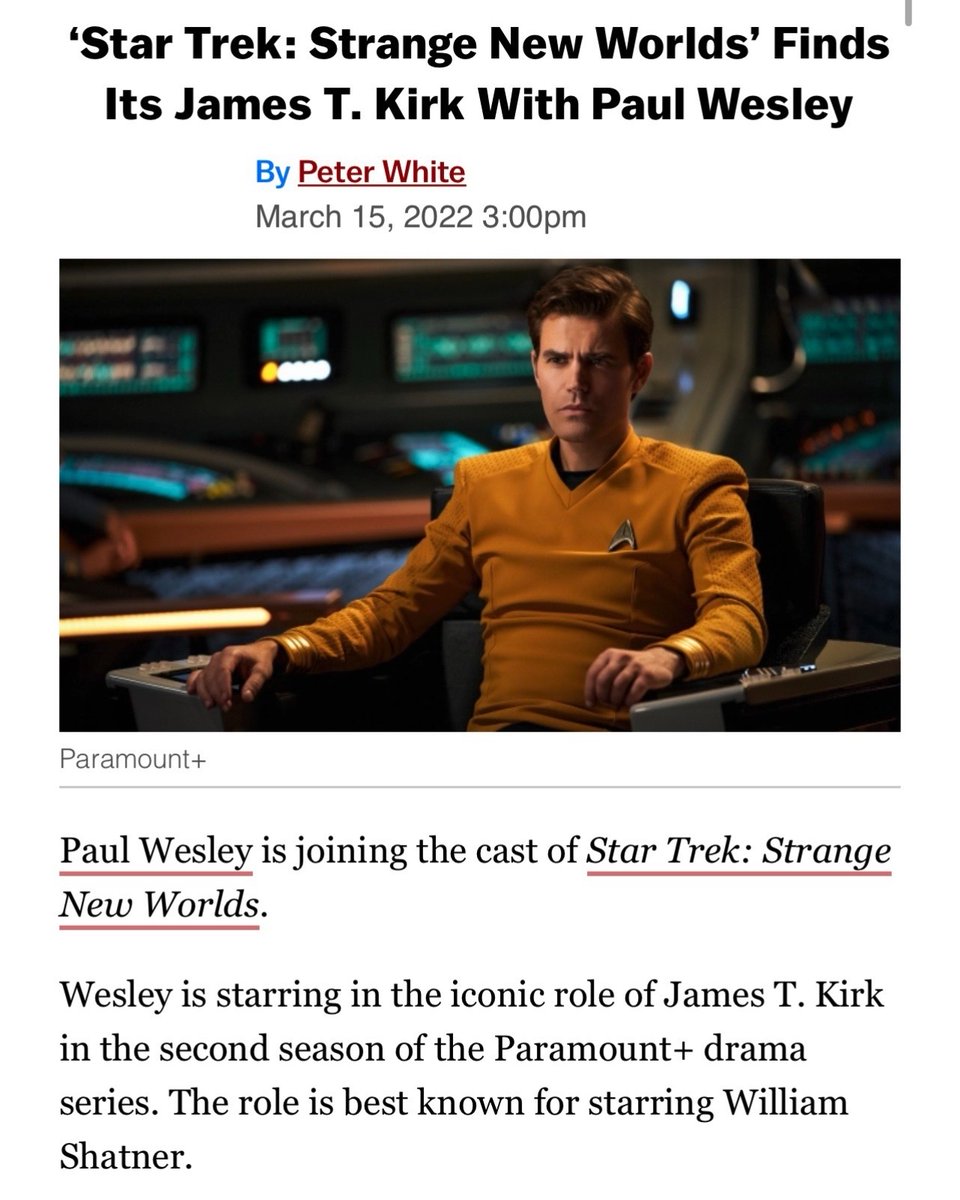 paulwesley's tweet photo. I am deeply humbled and still a little startled to have been given the honor of playing the inimitable James T Kirk. Ever since I was a kid, I have been awed by the imaginative world Gene Roddenberry created. 
Recently, I boarded a flight to LA to discover that the man in the https://t.co/U8GVD4ZemP