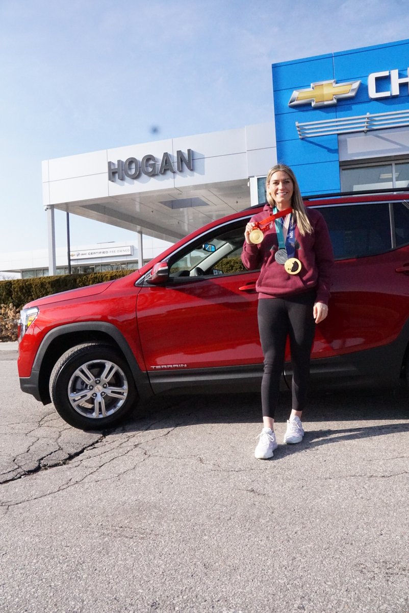 HoganChev's tweet photo. Our friend @natspooner5 stopped by to pick up her new vehicle sporting some new + improved Olympic hardware!🥇🥈🥇

Hogan has been supporting Natalie's journey for the past 12 years! We're so proud of her accomplishments as an amazing athlete + role model for many young athletes. https://t.co/H768OQn3ny