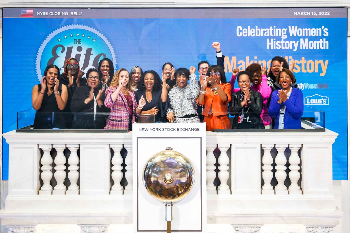 NYSE's tweet photo. The #WomensHistoryMonth celebration continues! 🎉 We’re thrilled to welcome @DiversityWoman's Elite 100, representing some of America’s highest ranking Black Women Executives, as they ring the closing bell. 🔔 https://t.co/nm63a6U8KL