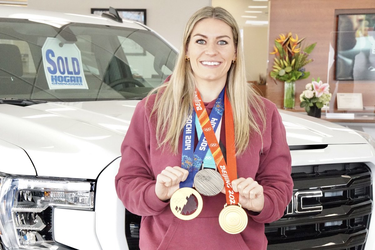 HoganChev's tweet photo. Our friend @natspooner5 stopped by to pick up her new vehicle sporting some new + improved Olympic hardware!🥇🥈🥇

Hogan has been supporting Natalie's journey for the past 12 years! We're so proud of her accomplishments as an amazing athlete + role model for many young athletes. https://t.co/H768OQn3ny
