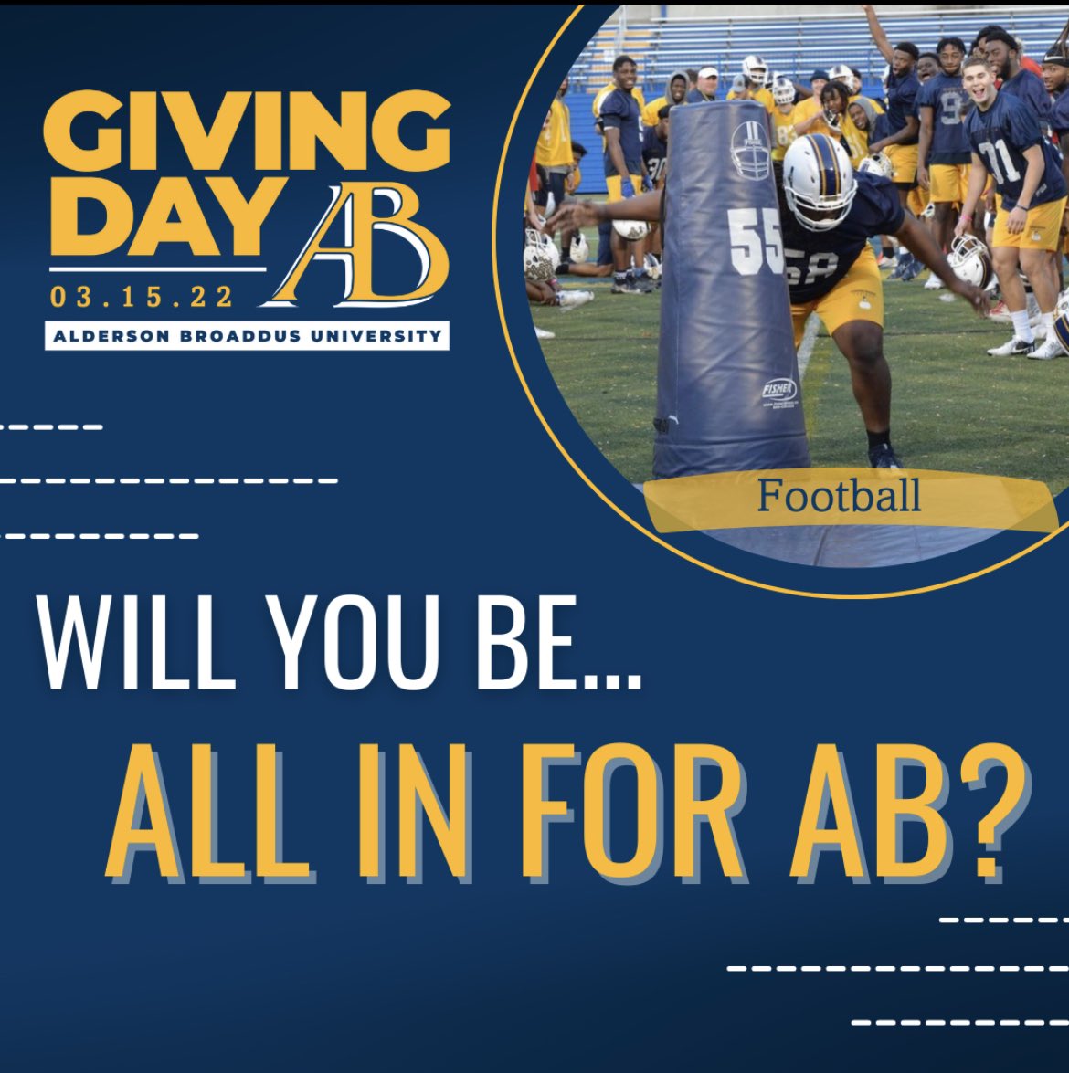 ABFootball's tweet photo. Currently we are in second place and need your support to win the Giving day Challenge!! About 5 hours left!! Would love your help!! Help Football reach the top of the leaderboard and win the Athletic Team Challenge! #AllinforAB https://t.co/jJkCPI785J https://t.co/rveWXdgPFm