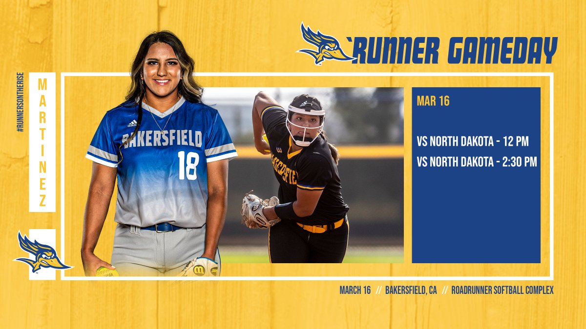 CSUB_Softball's tweet photo. It's Game Day! And even better, we're back at home! Come out to the Roadrunner Softball Complex today to support us as we take on @UNDsoftball in a doubleheader!

📍 Bakersfield, CA
⌚️ 12 p.m. (PT)
📺 ESPN+
📈/🎟️ https://t.co/RgacUAwwSj https://t.co/16IcFV4E28
