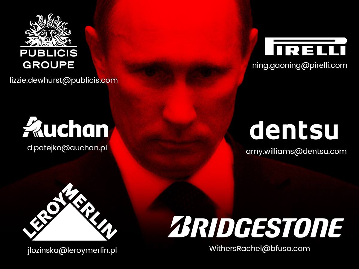 squad3o3's tweet photo. We need to put pressure on companies that continue to give money to Putin. Create pictures of companies that have not withdrawn from Russia. Reveal their emails.#fightforUkraine #UkraineUnderAttack #BlockPutinWallets @YourAnonNews https://t.co/ytHZucoY4P