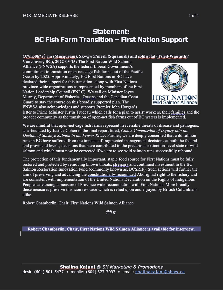 1Bob_Chamberlin's tweet photo. #FirstNation #WildSalmon Alliance supports DFO Min @JoyceMurray &amp; @JustinTrudeau Gov commitment to transition #FishFarms from BC Oceans

And support Premier @jjhorgan call for Fed Support for Affected Workers, Family &amp; Communities 

Transition is supported by 102 BC FIrst Nations https://t.co/VDuHfPolXW