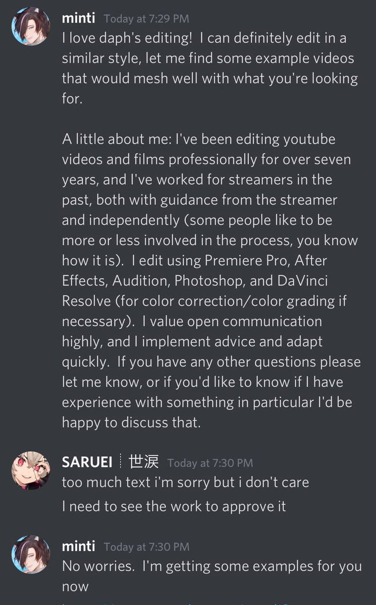 tarominti's tweet photo. Seems like a lot of ppl are interested in my experience applying to be an editor for Saurei so here’s the screenshots

Don’t harass anyone pls

And if you’re looking for an editor, don’t tell them you could match their quality with anyone on Fiverr without even seeing their work. https://t.co/2m1qol114Z