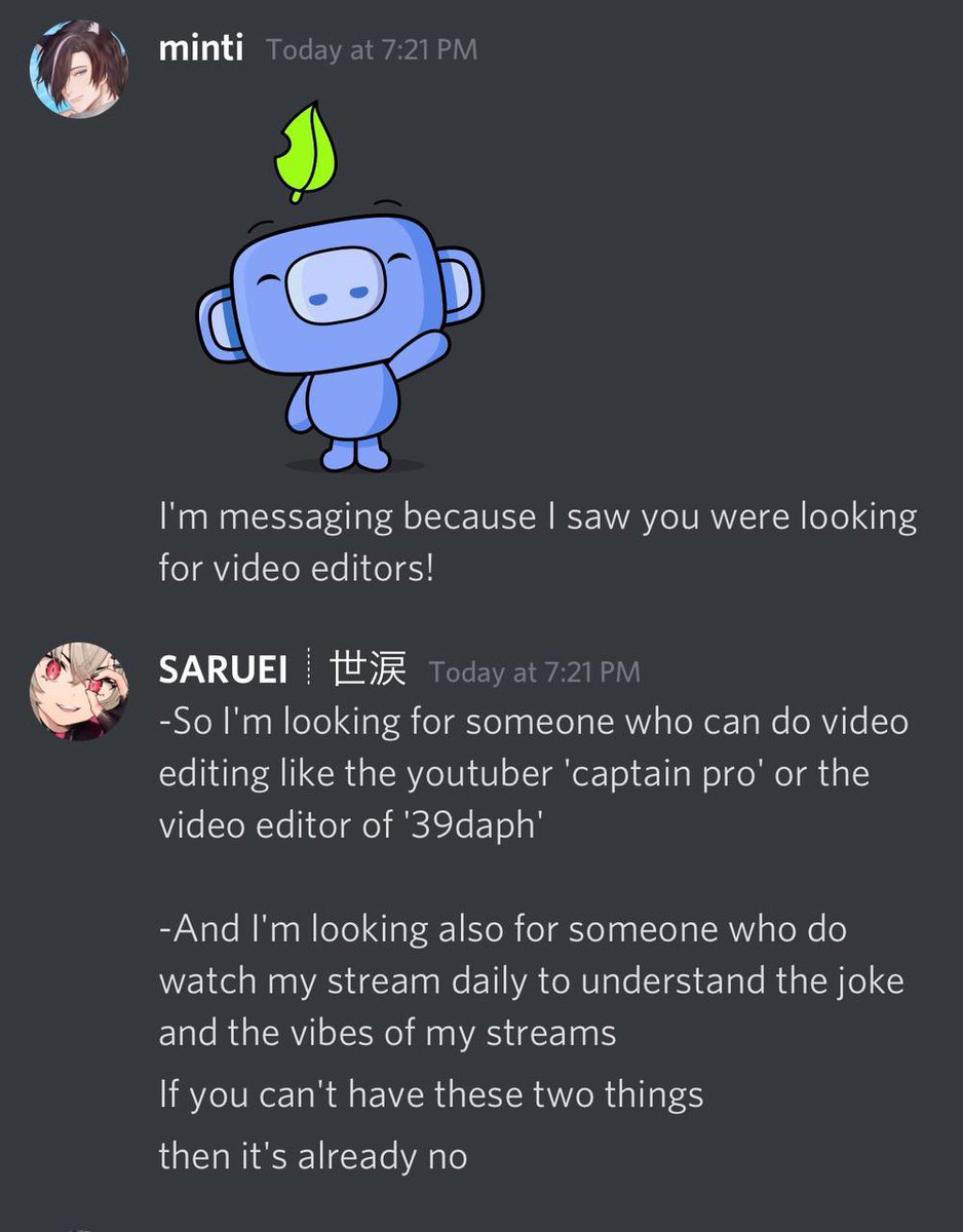 tarominti's tweet photo. Seems like a lot of ppl are interested in my experience applying to be an editor for Saurei so here’s the screenshots

Don’t harass anyone pls

And if you’re looking for an editor, don’t tell them you could match their quality with anyone on Fiverr without even seeing their work. https://t.co/2m1qol114Z