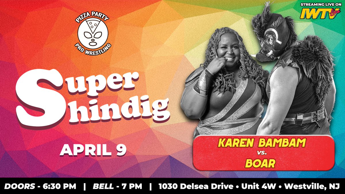 NEW MATCH for 4/9!

FIRST TIME EVER
<a href="/karenbrenee/">karen bambam 😘🍑</a> vs <a href="/BoarIsWar/">Pig Daddy Cool</a>

Karen BamBam is lookin' to extend their unbeaten run in PPP

Boar's lookin' to score a big win in his debut!

Something's gotta give!

🗓️ - April 9
📍 - Westville, NJ
🎟️ - pizzapartyshindig.eventbrite.com
📺 - <a href="/indiewrestling/">IWTV</a>