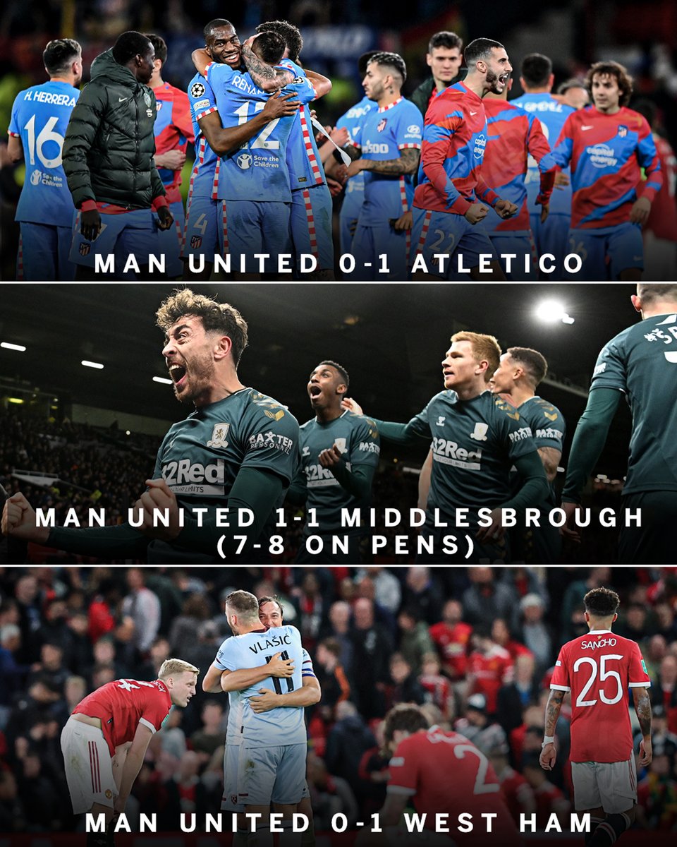 ESPNUK's tweet photo. Man United knocked out of the UCL, FA Cup and League Cup all at Old Trafford.

More like the Theater of Nightmares 👻 https://t.co/nBqlj2VKwz