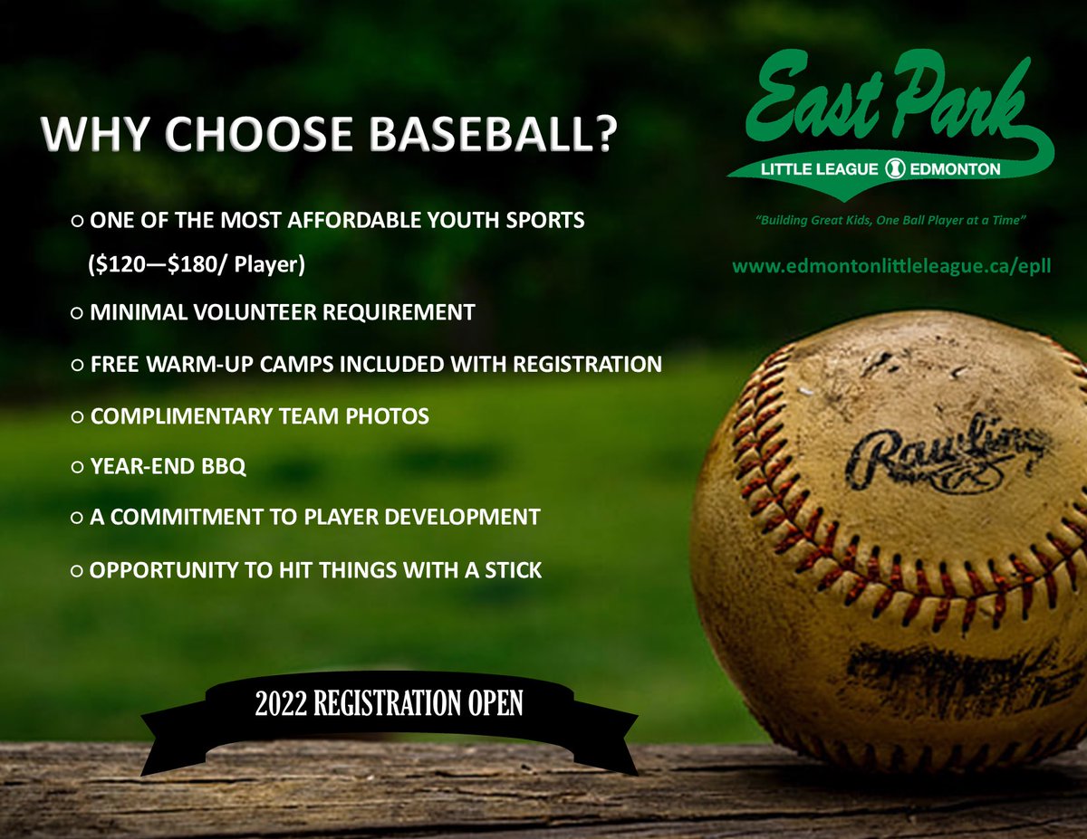 With hockey winding up for the year, our kiddos may be looking for something to keep them active over the spring/summer months.  Come join us and play baseball with East Park.  Registration is still open!

edmontonlittleleague.sportngin.com/register/form/…
