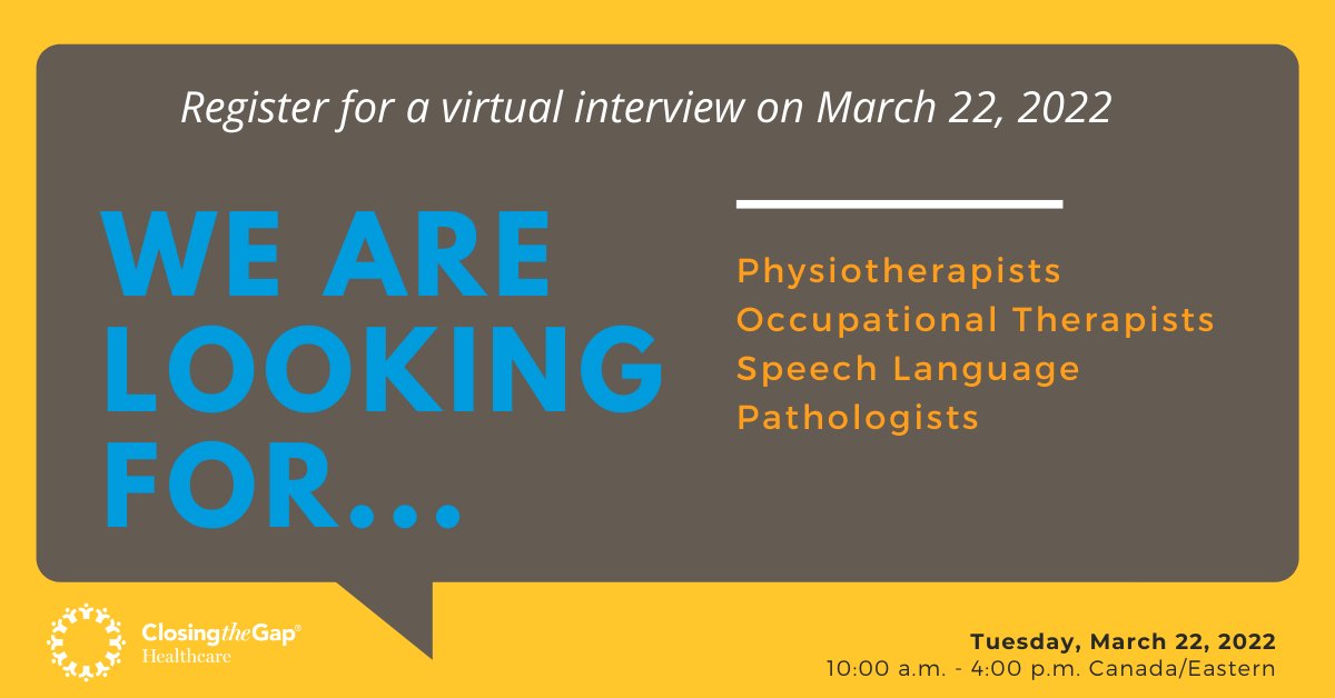 We are hosting a virtual interview event on Tuesday, March 22, 2022, and are looking to speak to physiotherapists, occupational therapists and speech-language pathologists across Ontario! 
 
Register for an interview time: bit.ly/3JgwlNz